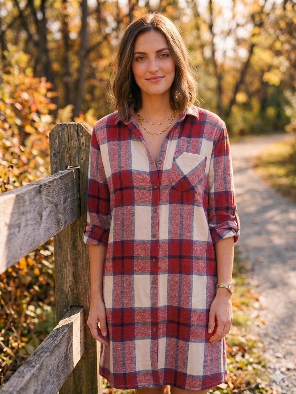 Plaid Flannel Dress Duster Button Down Long Sleeve Red White Med Dizzy Lizzy - Picture 15 of 15